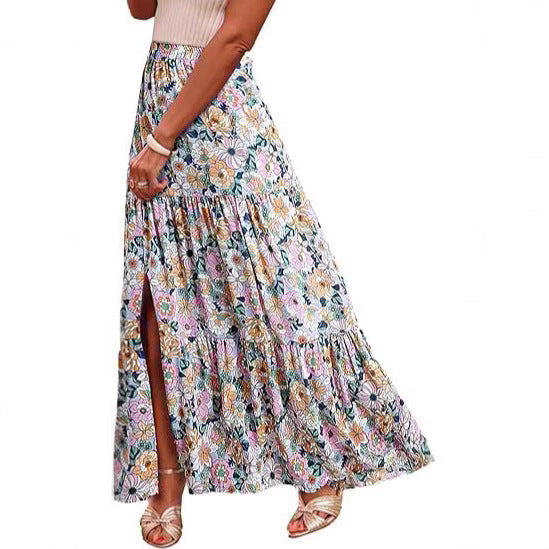 Women's Bohemian Floral Tiered Dress Maxi Skirt Ivyshape