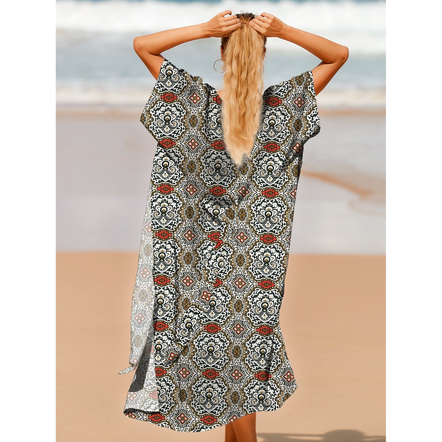 Ladies elegant beach kimono with ornamental print and practical tie bands Ivyshape