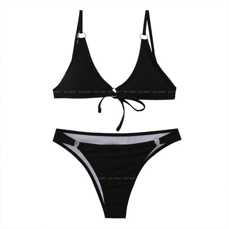 Women's triangle bikini with elegant gold accent and textured fabric Ivyshape