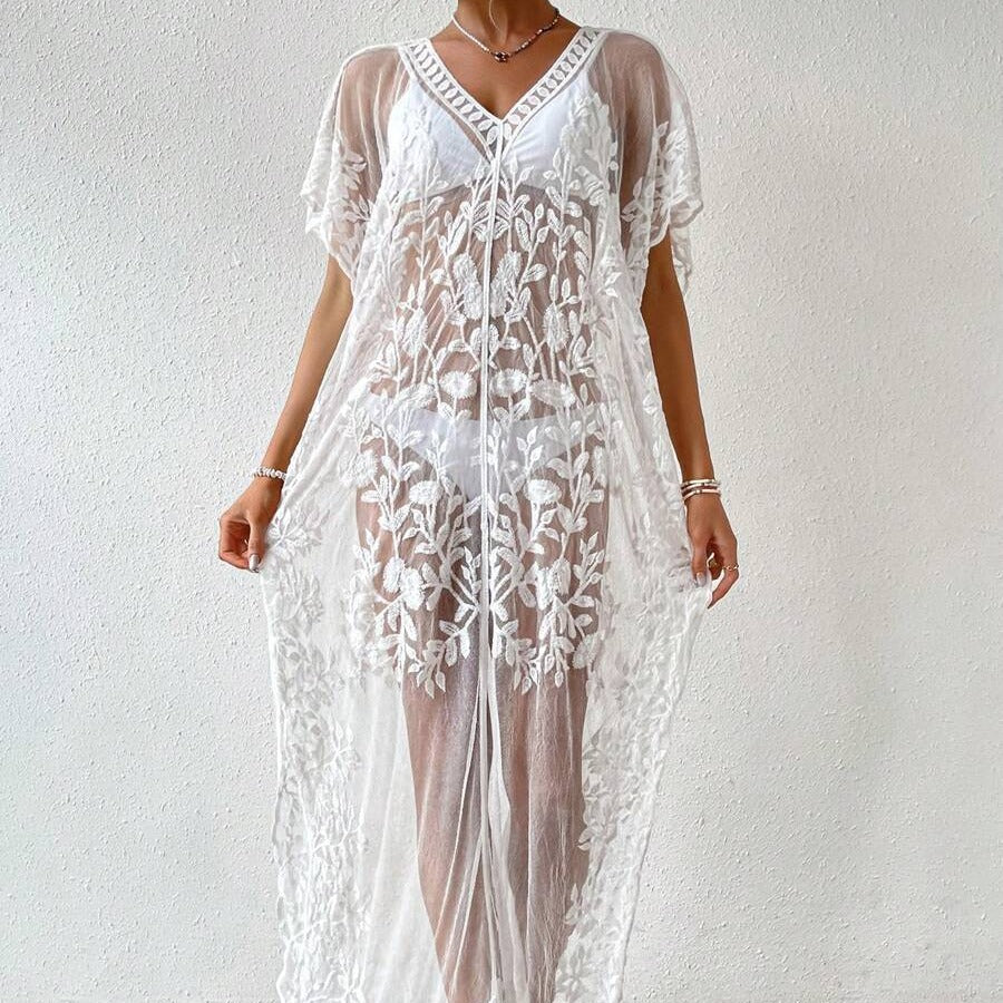 Women's Transparent Beach Robe with Floral Crochet Pattern Ivyshape