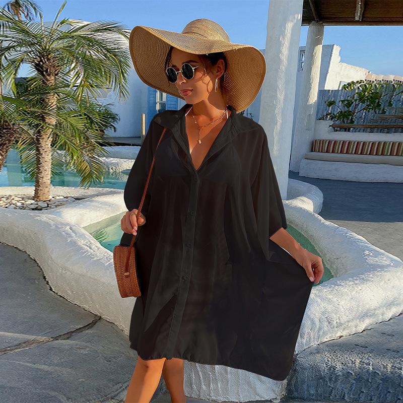 Ladies transparent beach coat with casual cut and generous sleeves Ivyshape