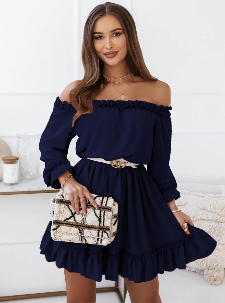 Women's Off-Shoulder Dress with Ruffle Details and Elastic Waist Ivyshape