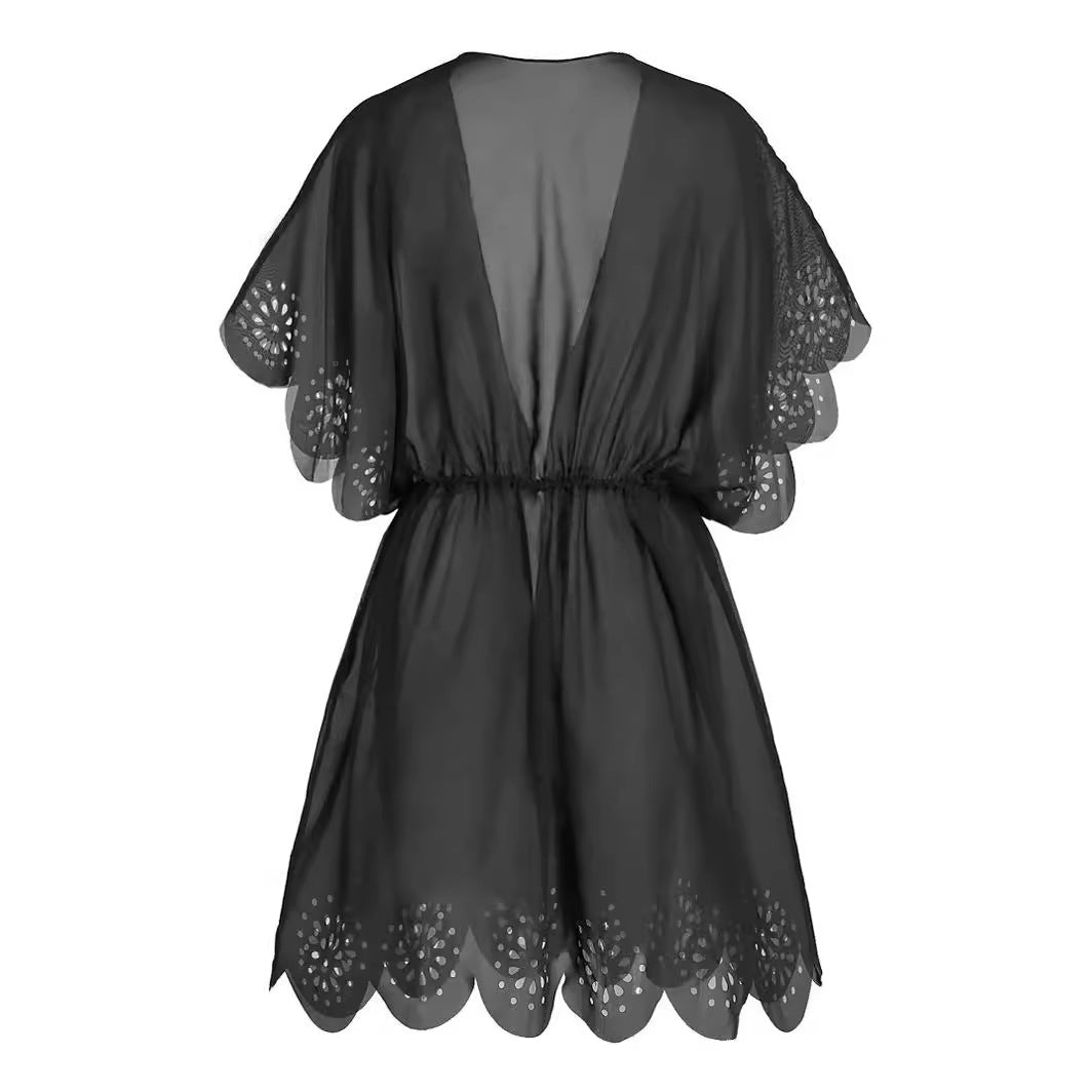 Women's transparent beach cover-up with floral cut and tie belt Ivyshape