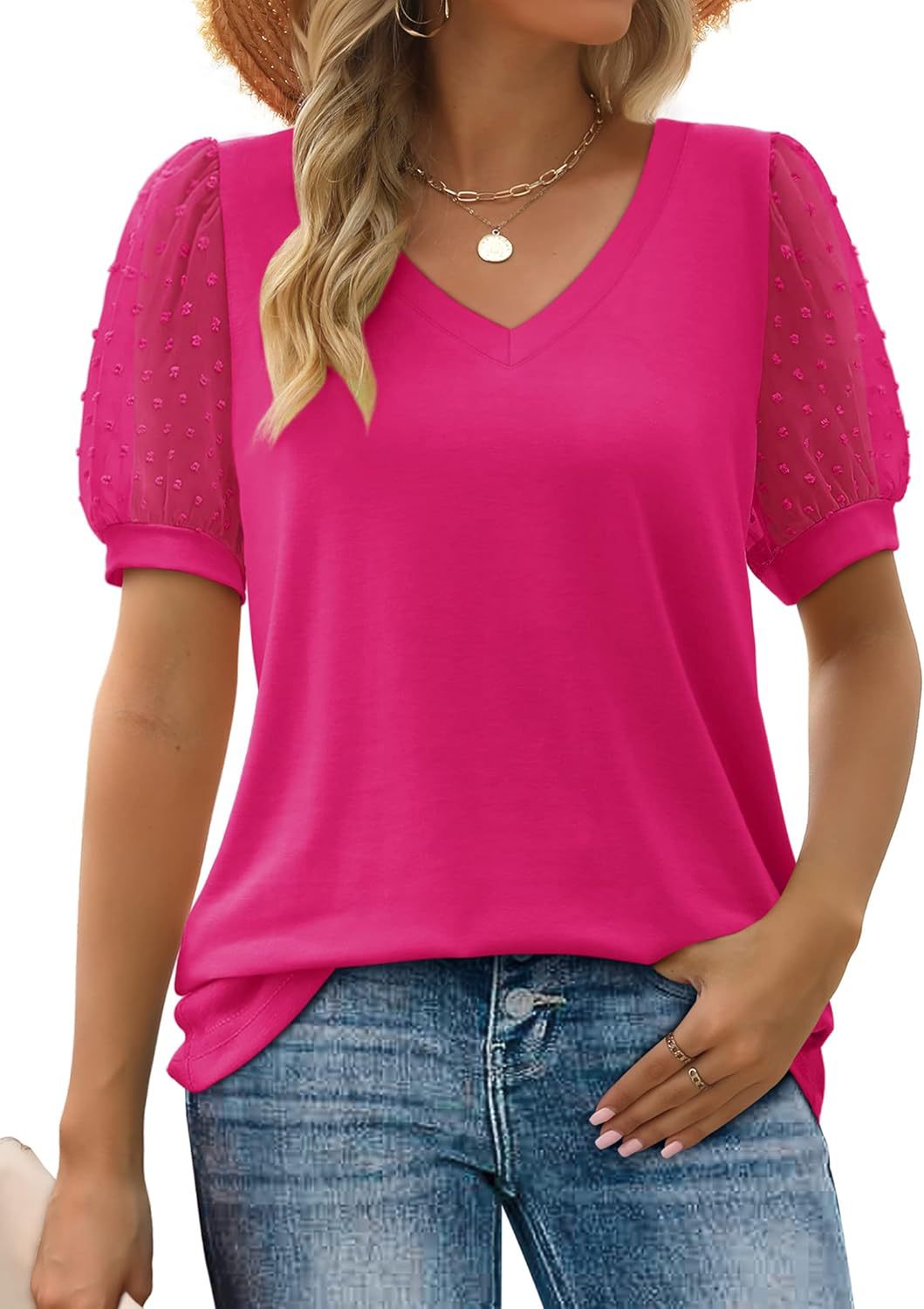 Women Elegant V-Neck Top with Transparent Puff Sleeves Ivyshape