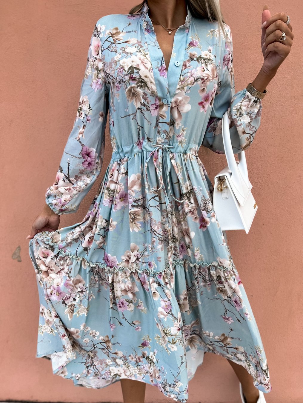 Women's blouse dress with floral details and waist belt Ivyshape