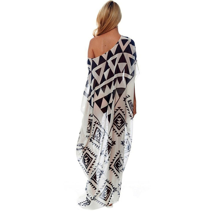 Ladies Maxi Beach Cover-up with Graphic Pattern and Side Slits Ivyshape