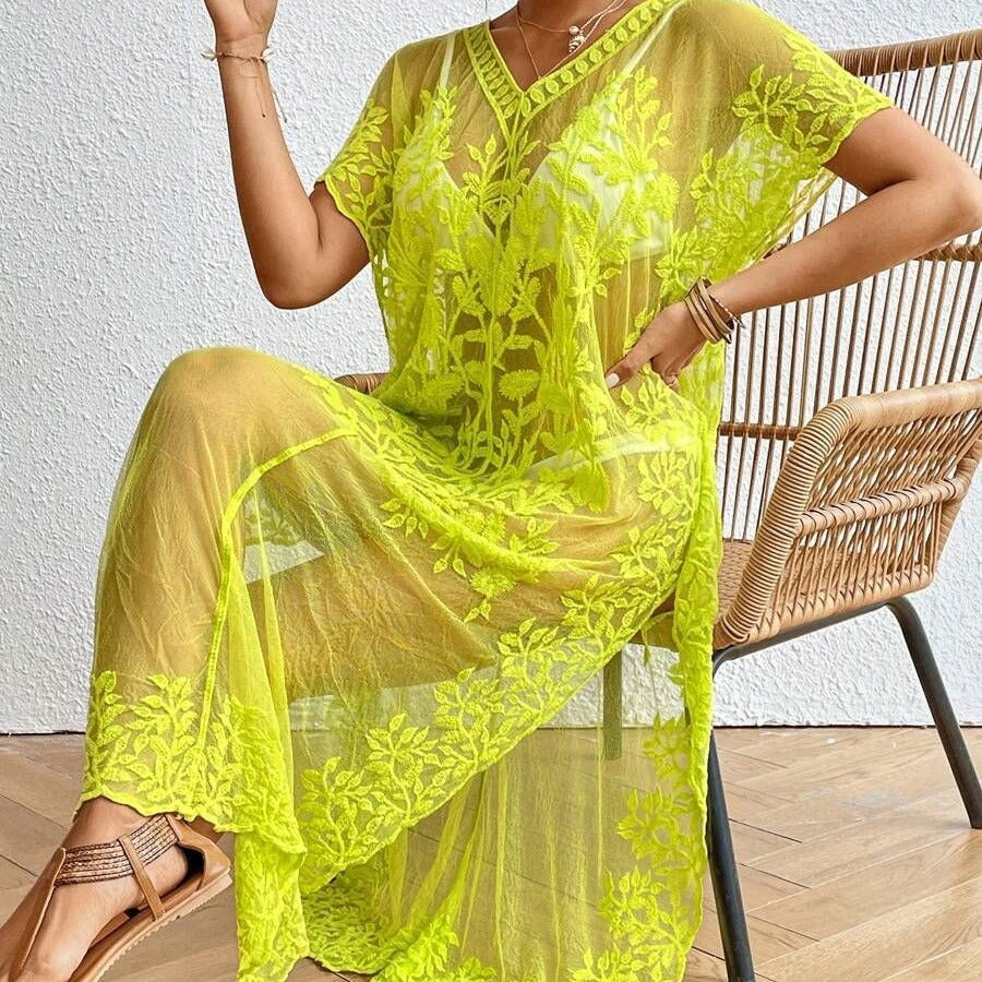 Women's Transparent Beach Robe with Floral Crochet Pattern Ivyshape
