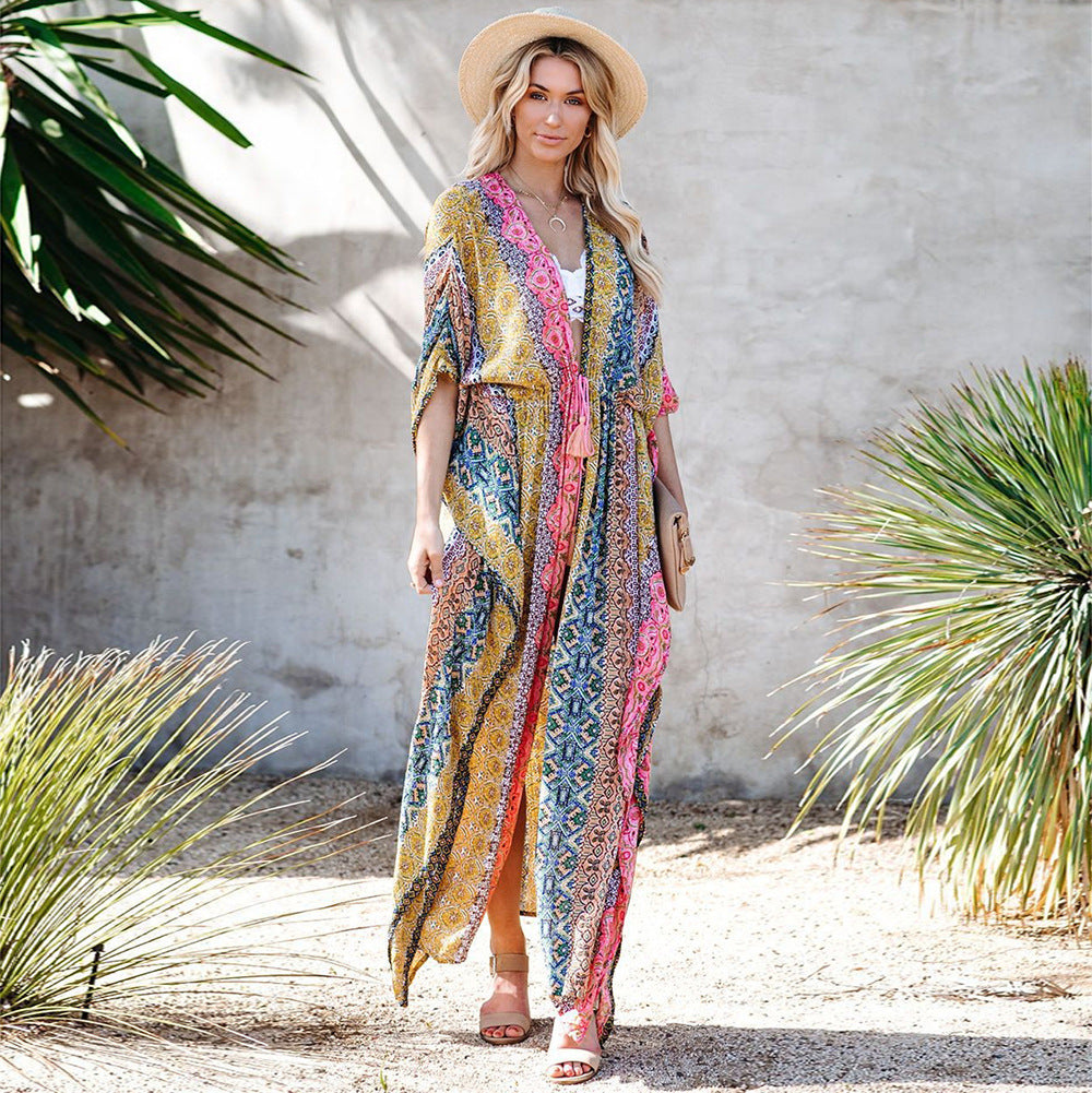 Women's beach kimono with unique floral pattern mix and side lacing Ivyshape