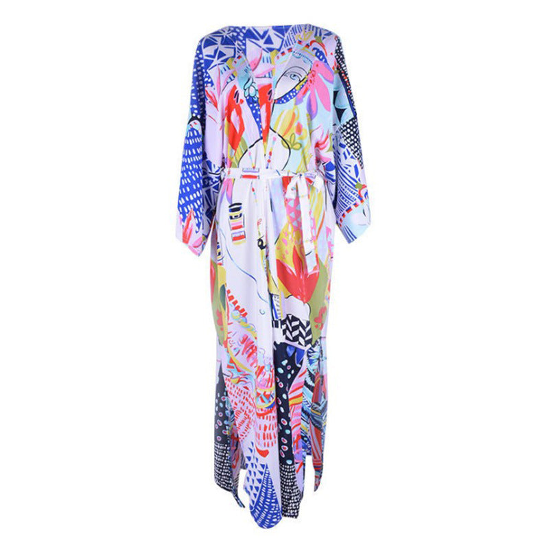 Women's trendy beach kimono with deep side slits and colorful pattern Ivyshape