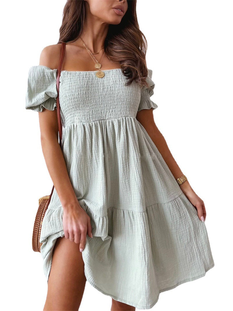 Women's Summer Off-Shoulder Dress with Ruffles and Deep Neckline Ivyshape