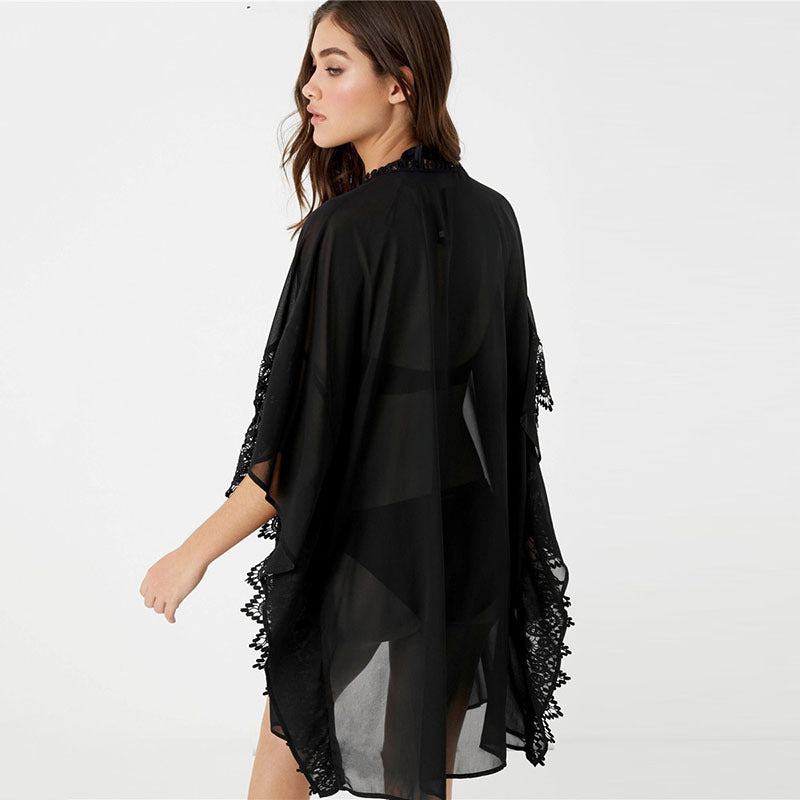 Women's transparent beach kimono with elaborate crochet decoration Ivyshape