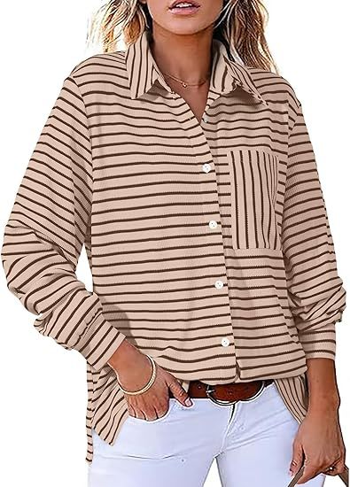 Women Casual Striped Blouse with Pocket and Button Placket Ivyshape