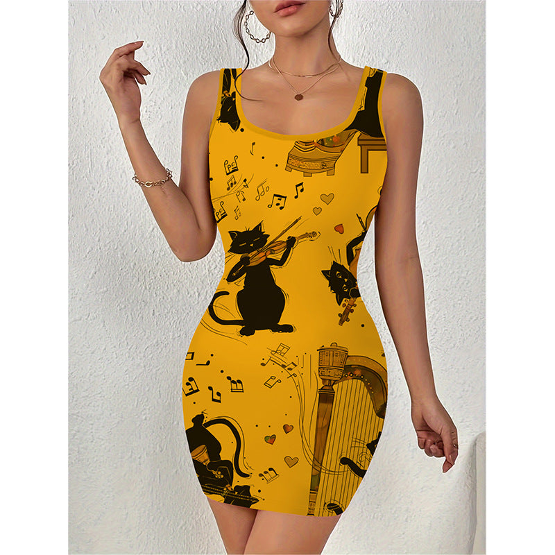 Ladies sleeveless mini dress with creative cat motif Ivyshape