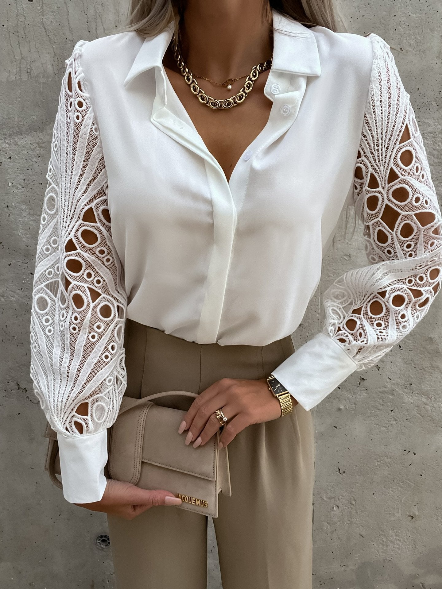 Women's blouse with transparent lace elements and fashionable puff sleeves Ivyshape