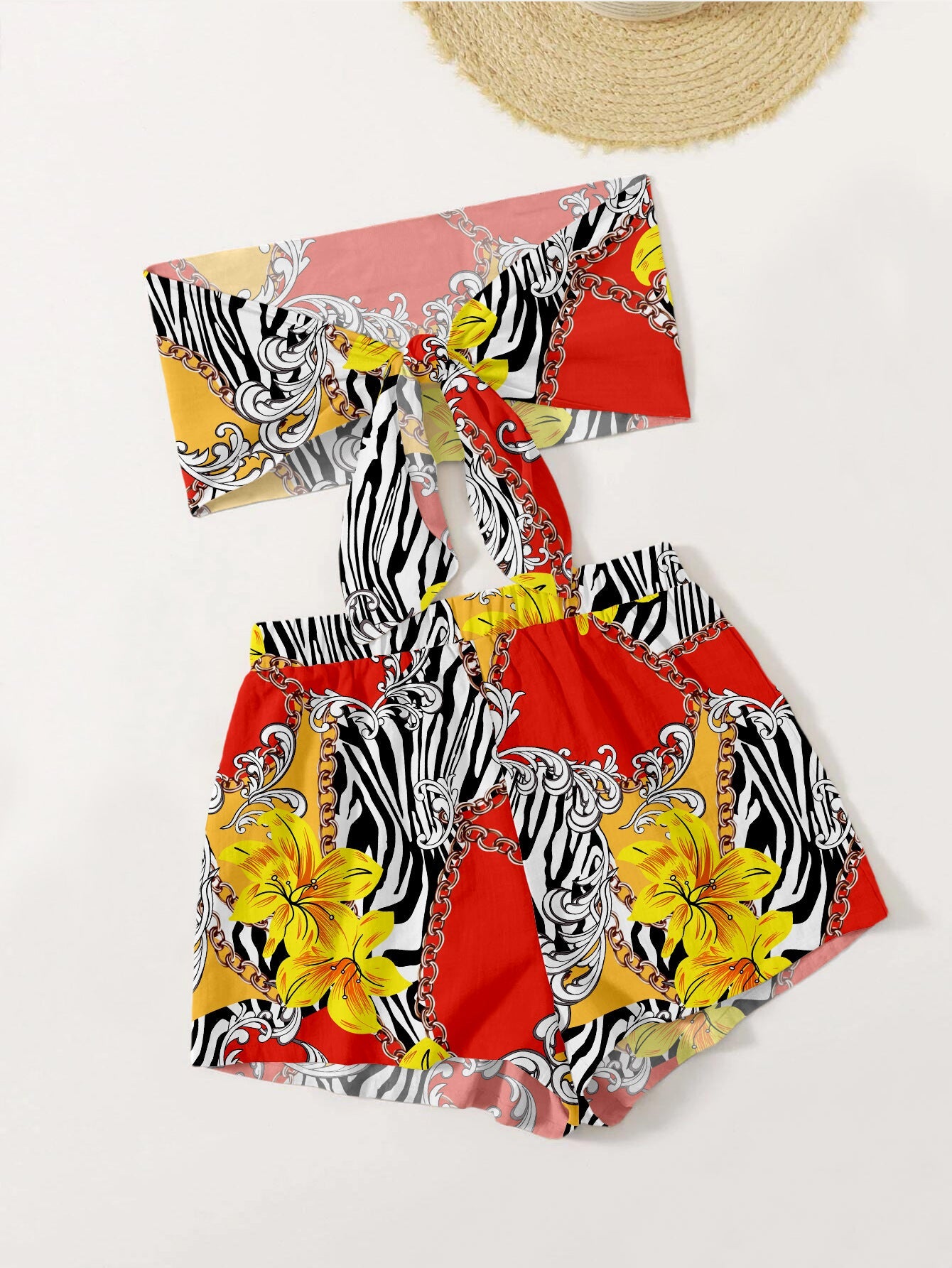 Women's stylish bandeau top and shorts set with colorful graphic design Ivyshape