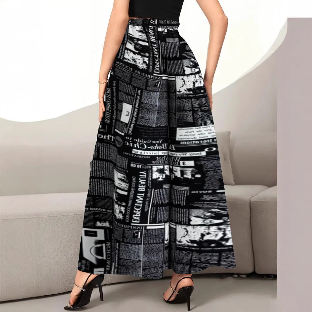 Ladies Wide-Leg Newspaper Print Pants Ivyshape