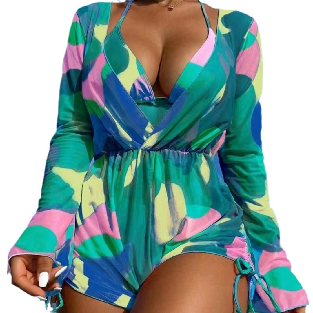 Women's beach dress with deep V-neck and long sleeves Ivyshape