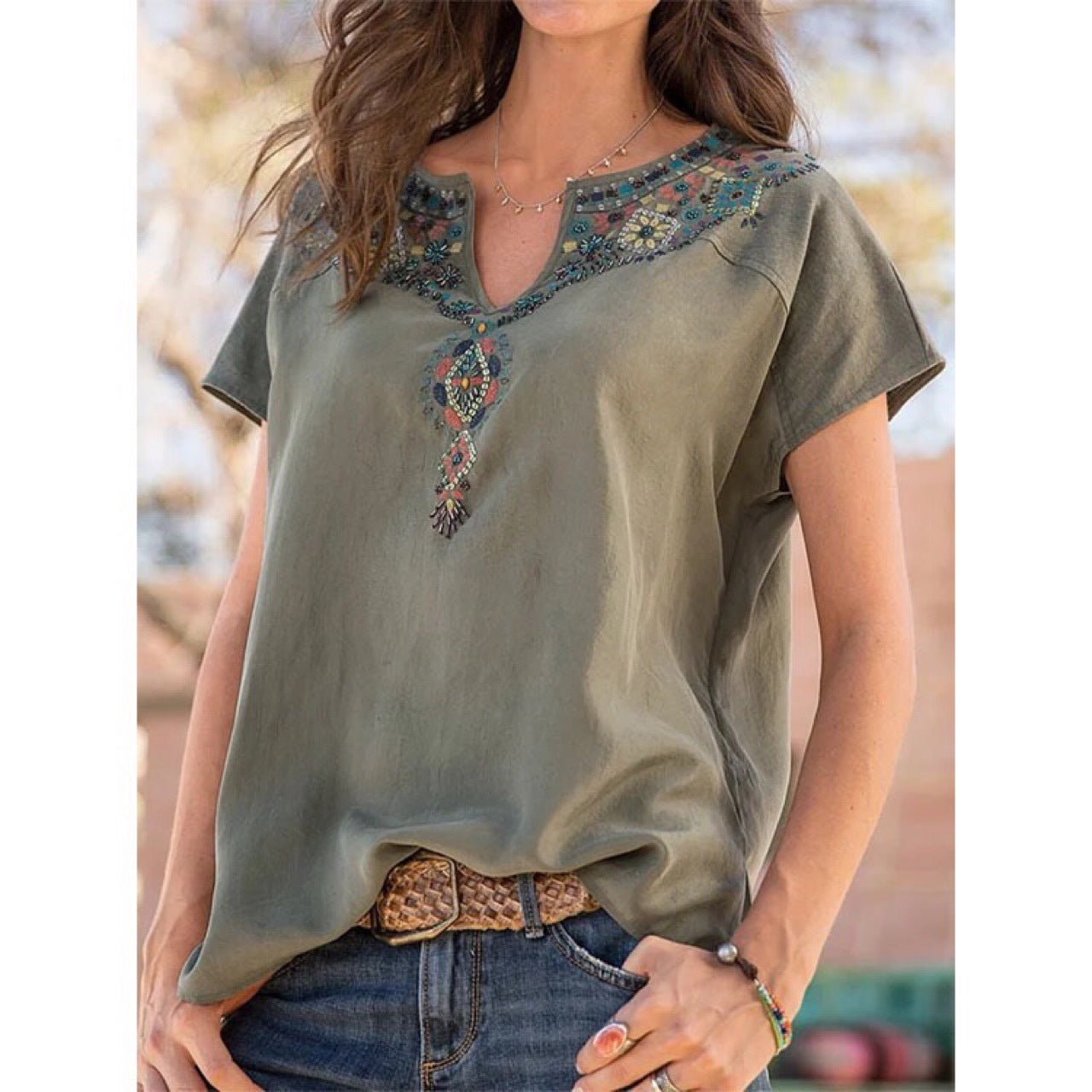 Women's Embroidered V-Neck Short Sleeve Blouse Ivyshape
