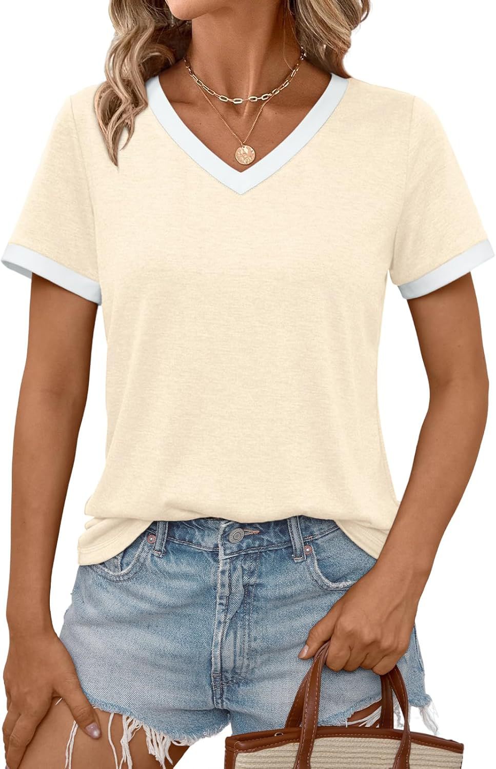 Women Casual V-Neck T-Shirt with Contrast Trim Ivyshape
