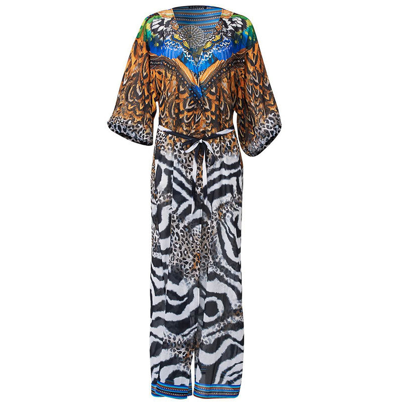 Women's beach cover-up with colorful pattern mix and elegant details Ivyshape