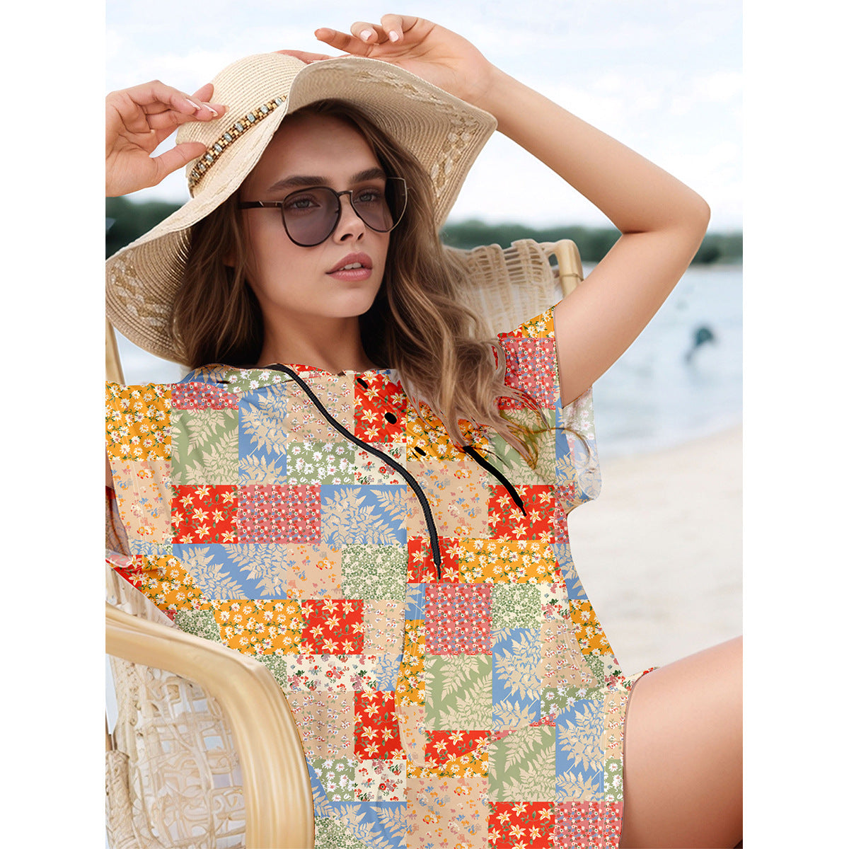 Women’s casual beach dress with cheerful patchwork design Ivyshape