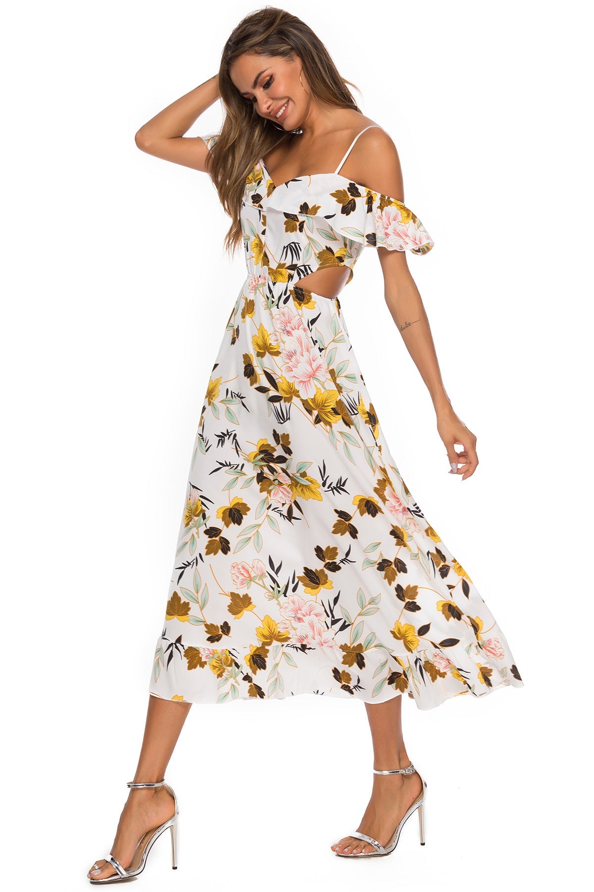 Women's Off-Shoulder Maxi Dress with Ruffle Details and Floral Pattern Ivyshape