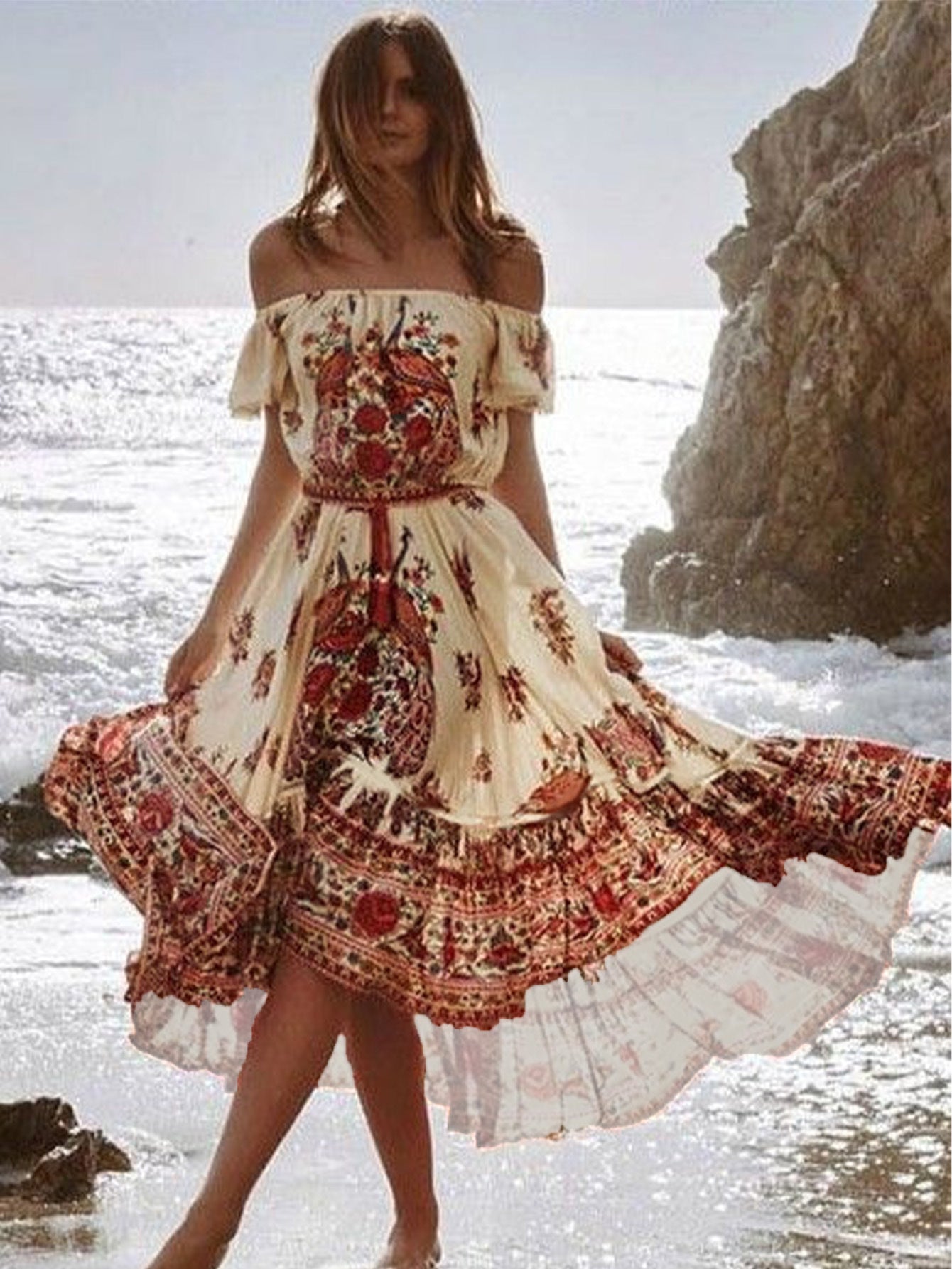 Women Off-the-Shoulder Bohemian Floral Maxi Dress Ivyshape