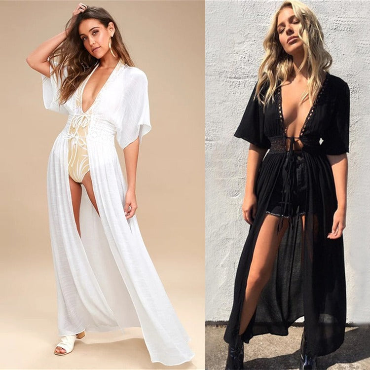 Women elegant transparent beach cover-up with artistic crochet accents Ivyshape