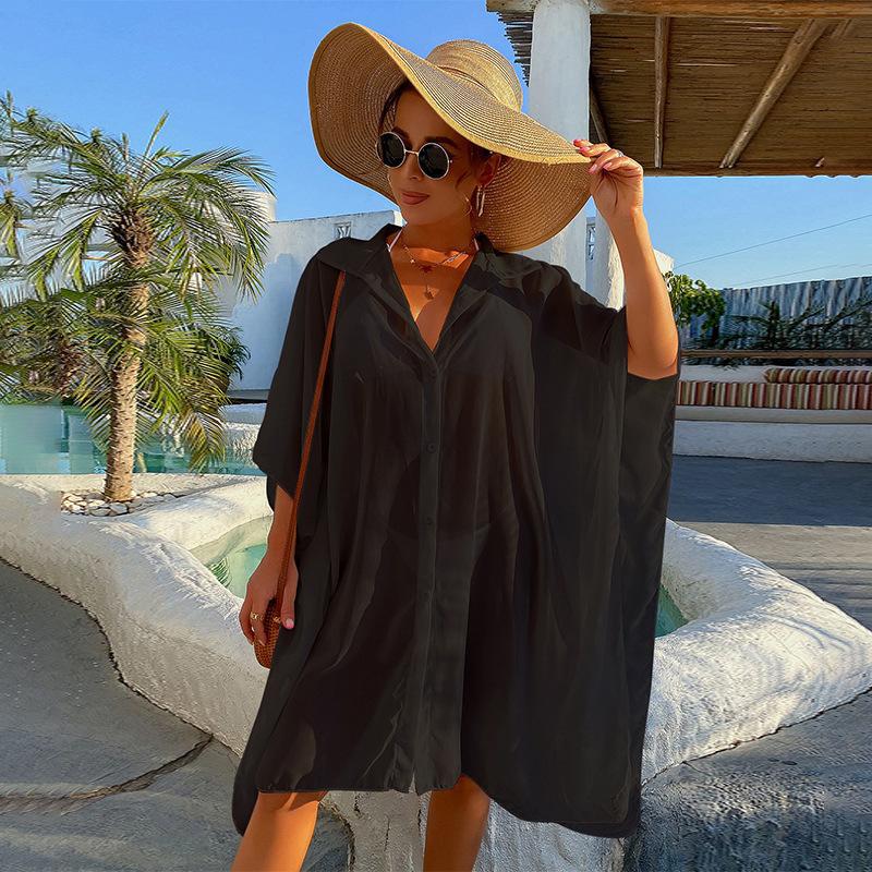Ladies transparent beach coat with casual cut and generous sleeves Ivyshape