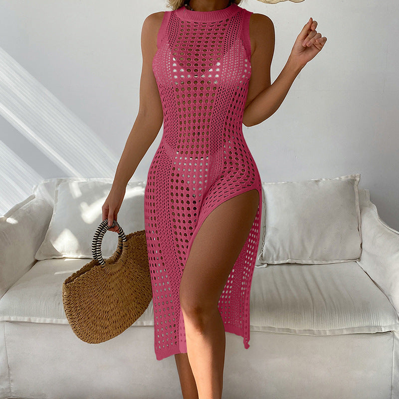 Women's airy crochet beach cover-up with high slit and modern mesh design Ivyshape