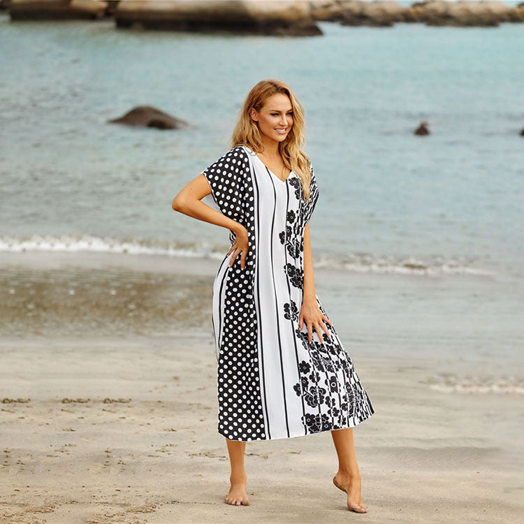 Women's beach dress in modern patchwork design with floral accent Ivyshape