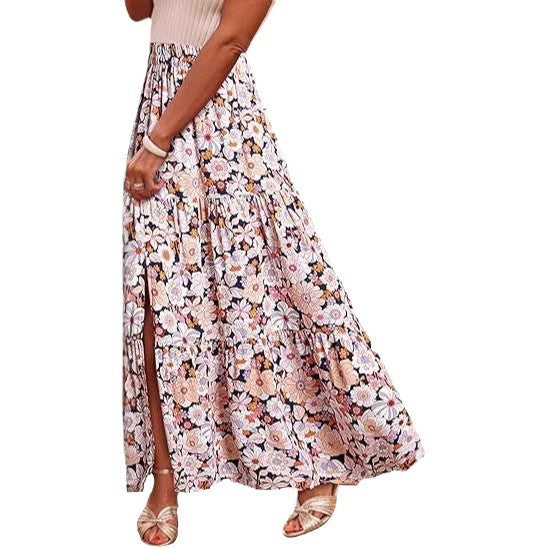 Women's Bohemian Floral Tiered Dress Maxi Skirt Ivyshape