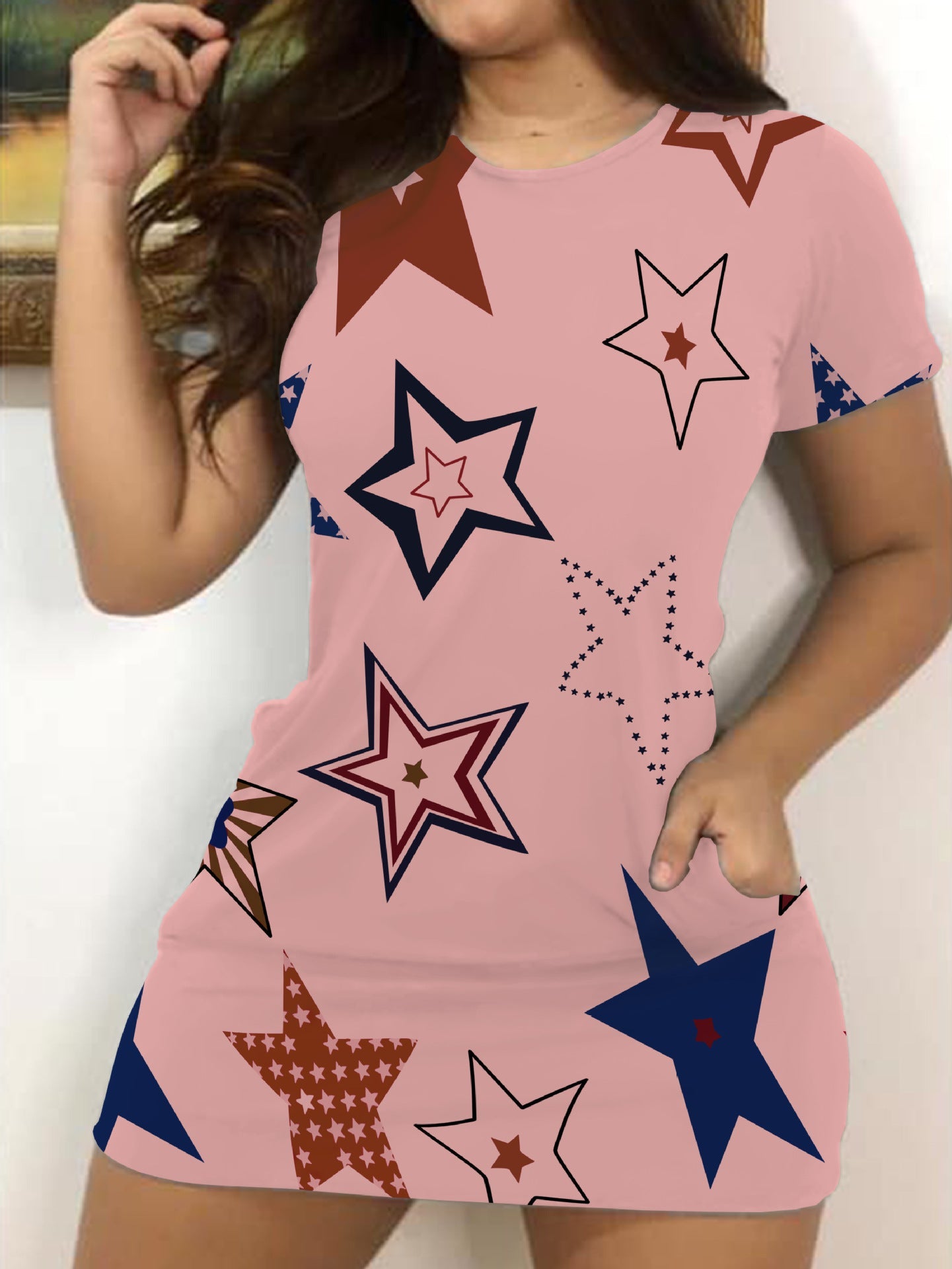Women casual T-shirt dress with modern star pattern Ivyshape