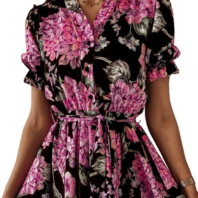 Women's asymmetrical blouse dress with floral design and fitted belt Ivyshape