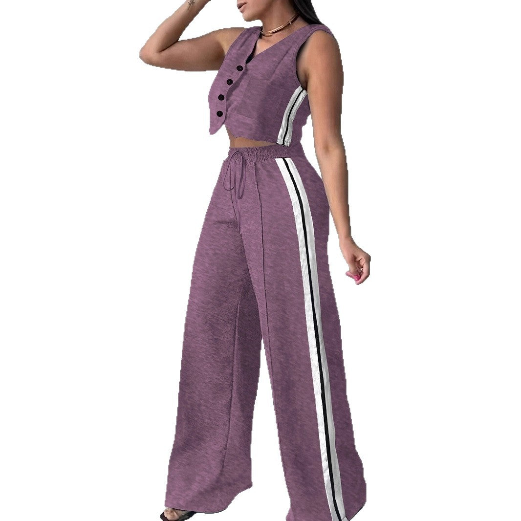 Ladies casual two-piece set with cropped top and wide-cut pants Ivyshape