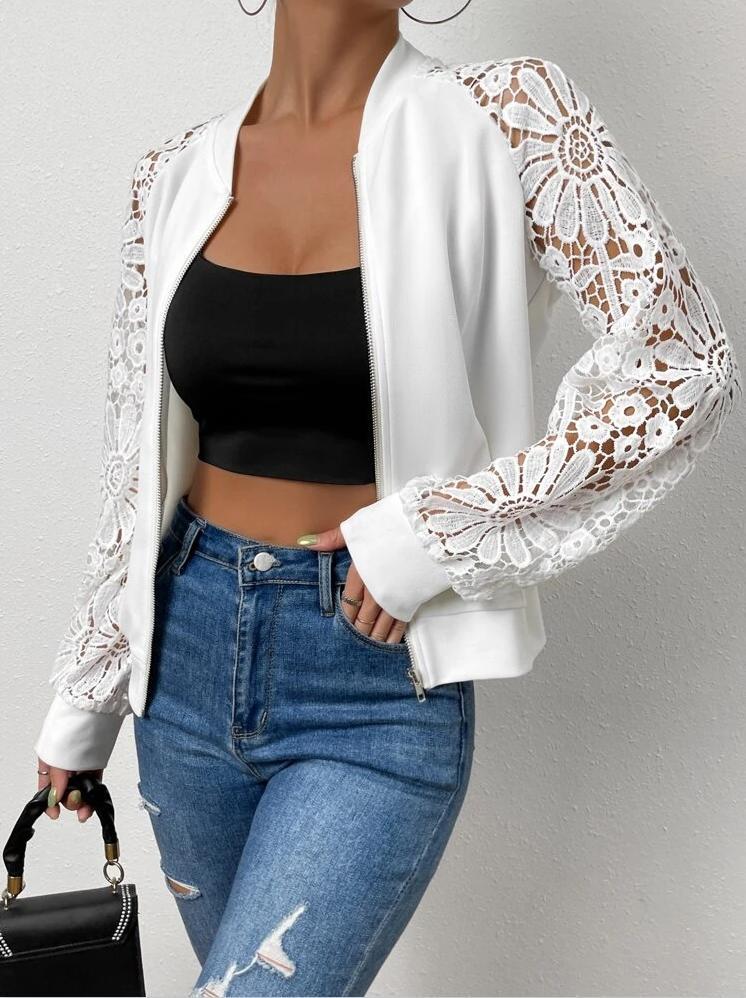 Women's bomber jacket with elegant lace sleeves Ivyshape