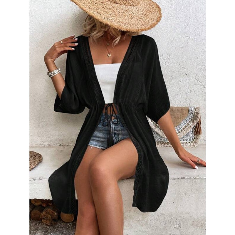 Women's beach tunic with elegant tie belt and lace accents Ivyshape