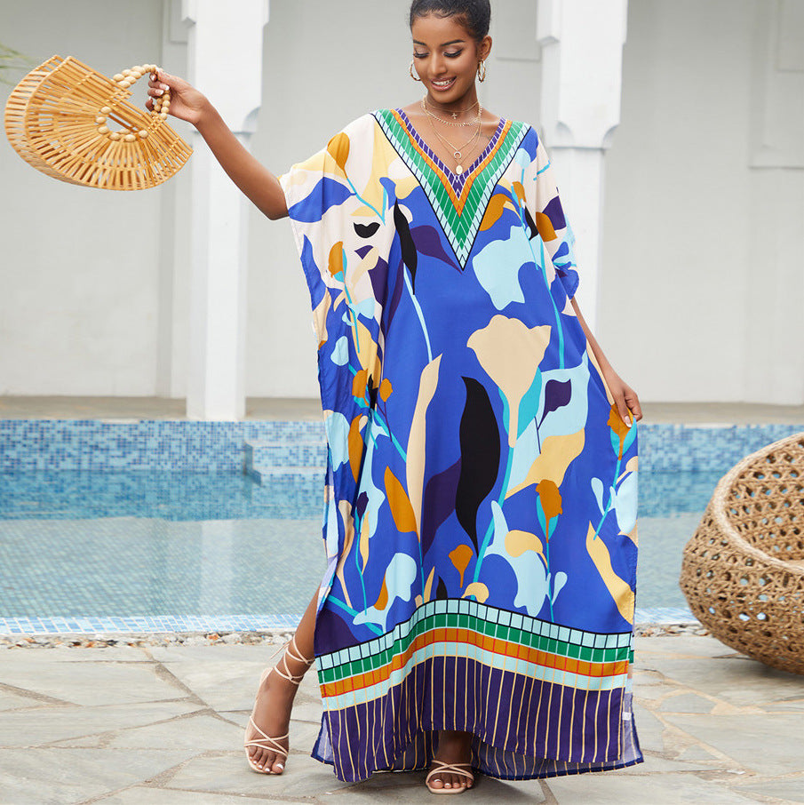 Women’s Maxi Dress with Graphic Pattern Mix and Deep V-Neck Ivyshape
