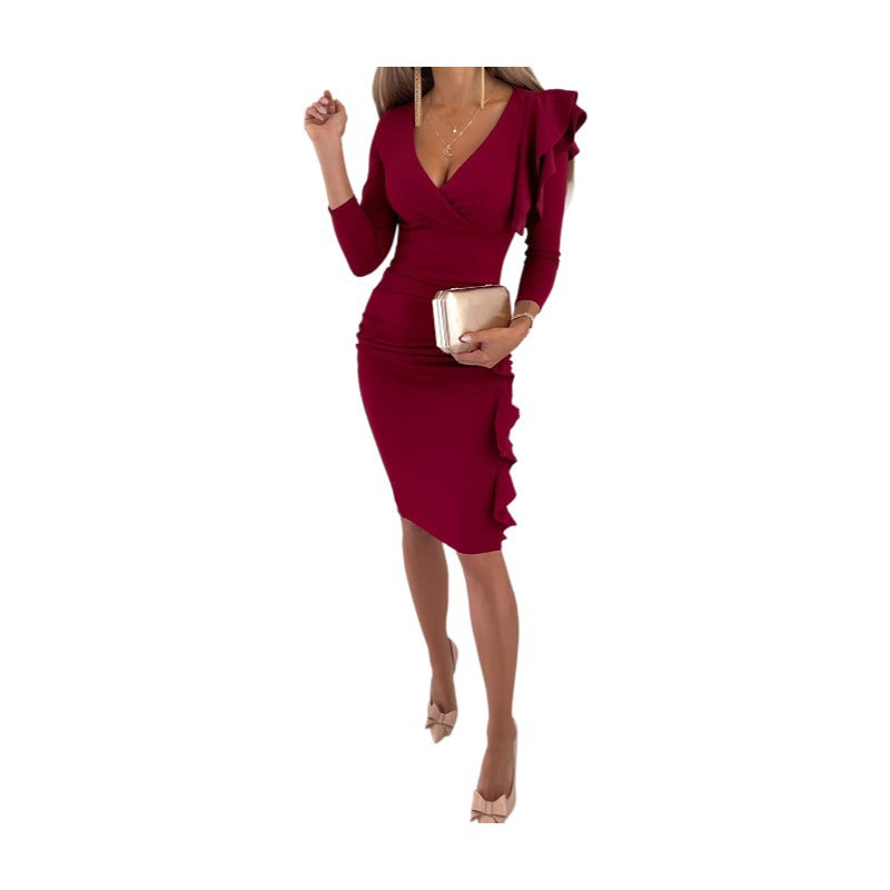 Ladies evening dress with sophisticated wrap design and voluminous sleeves Ivyshape