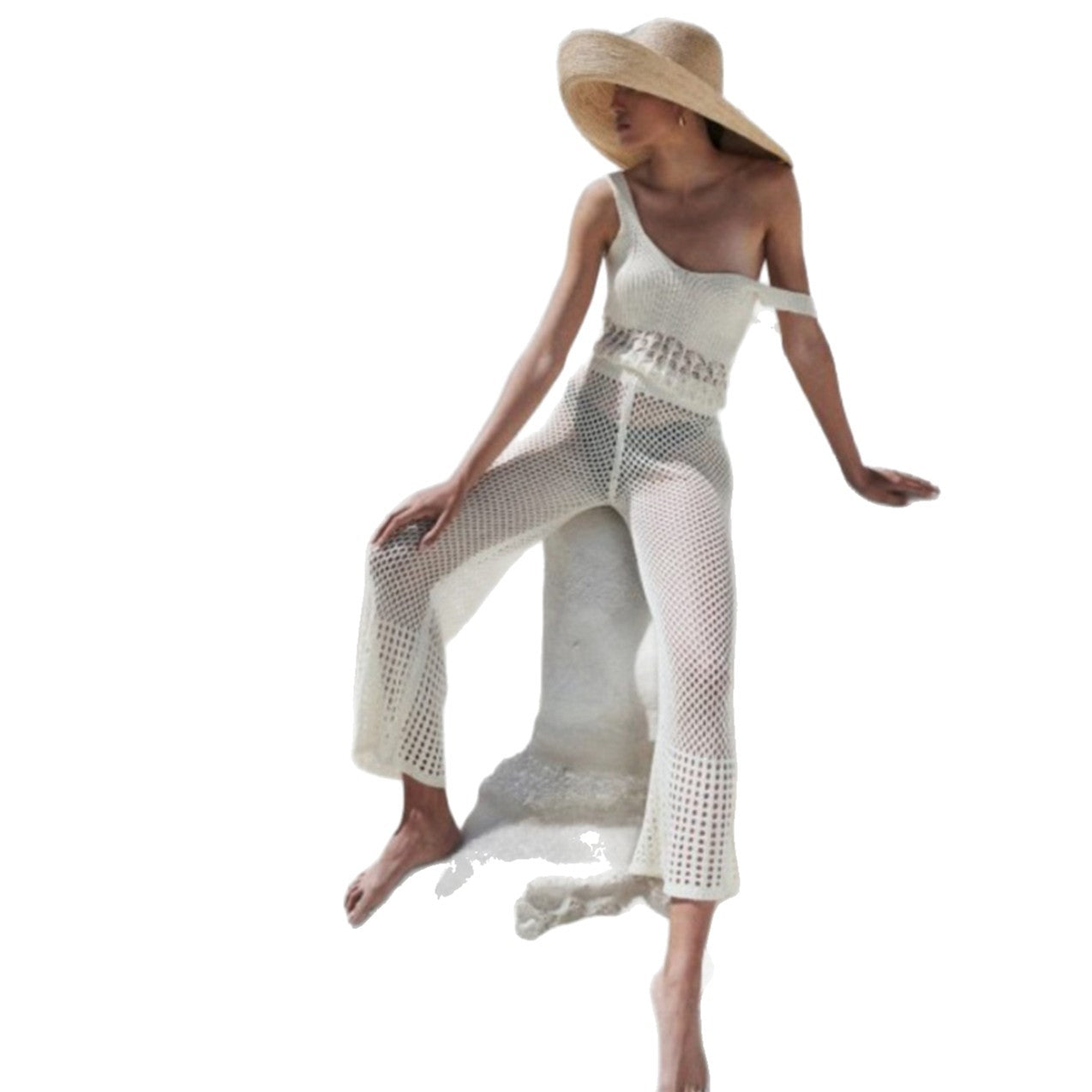 Ladies knit top with seductive mesh design and casual flared pants Ivyshape