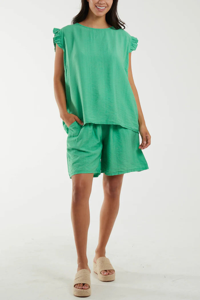 Women's Relaxed Fit Ruffle Sleeve Two-Piece Set Ivyshape
