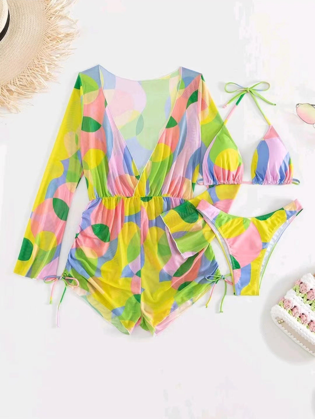 Women's beach dress with deep V-neck and long sleeves Ivyshape