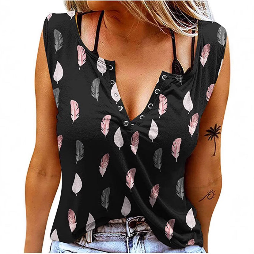 Women's Button Placket T-Shirt with Feather Pattern Ivyshape