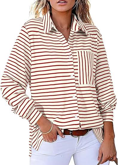 Women Casual Striped Blouse with Pocket and Button Placket Ivyshape