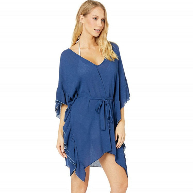 Women's beach dress with asymmetrical hem and casual belt Ivyshape