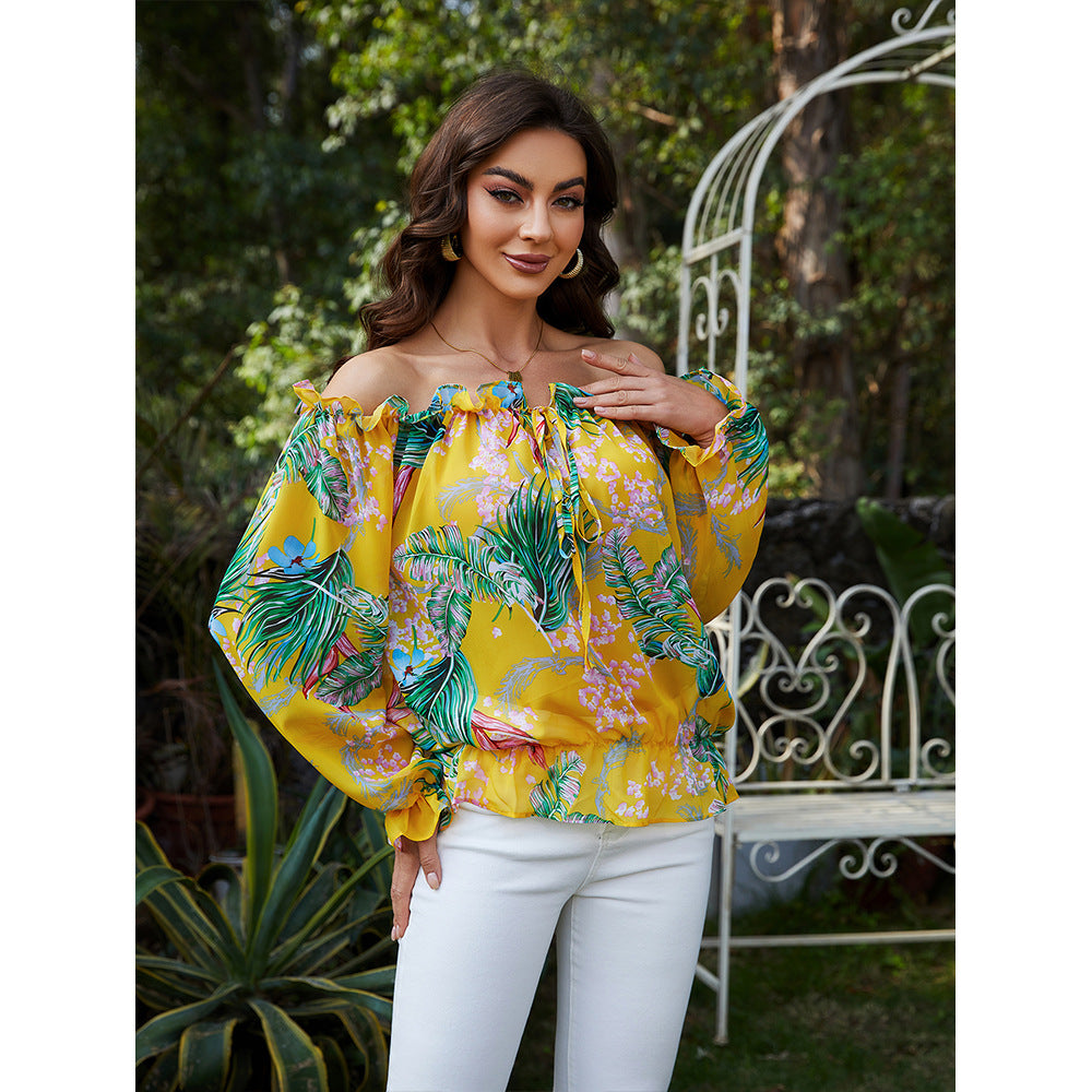 Women's off-shoulder blouse with floral design and ruffle details Ivyshape