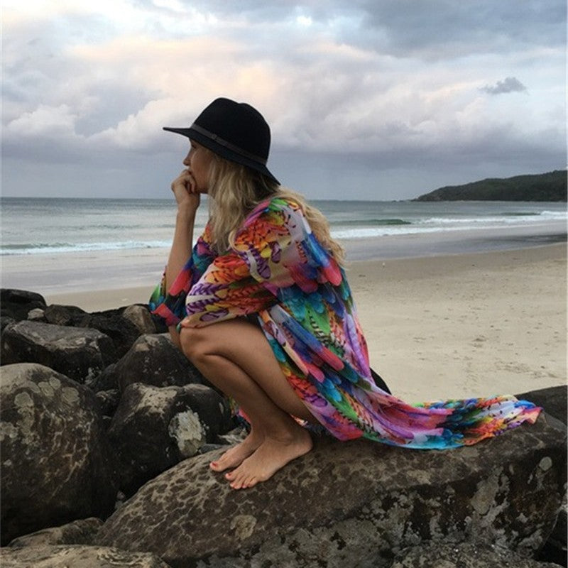 Women's Transparent Beach Kimono with Colorful Feather Design Ivyshape