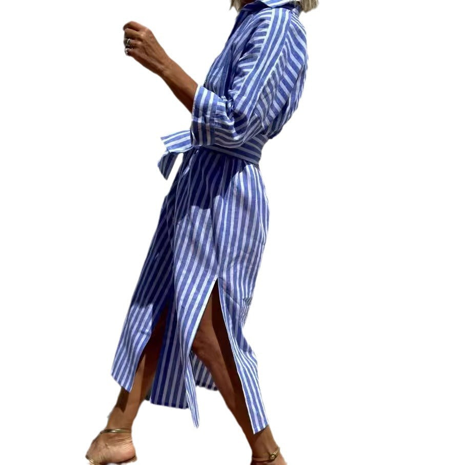 Women's shirt dress with waist belt and trendy stripe pattern Ivyshape