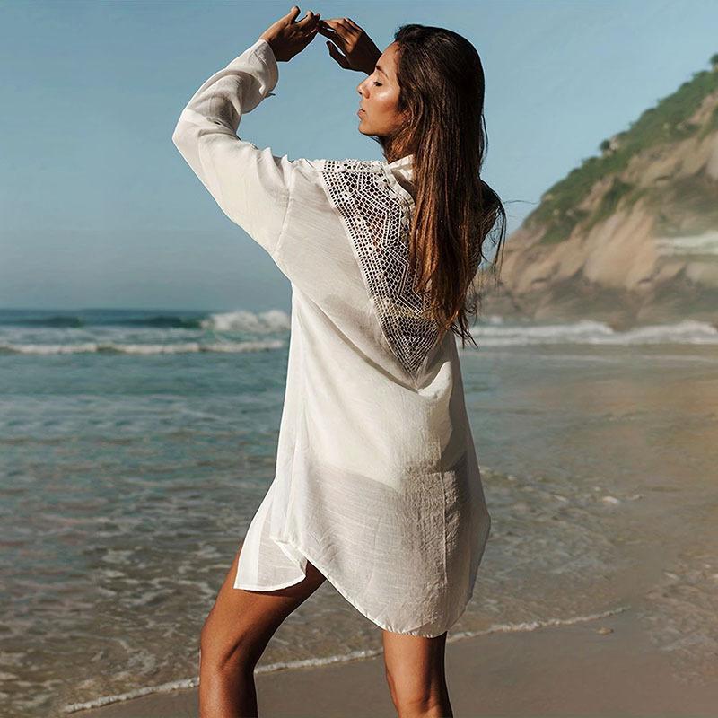 Women's beach shirt with elegant crochet accents and casual cut Ivyshape