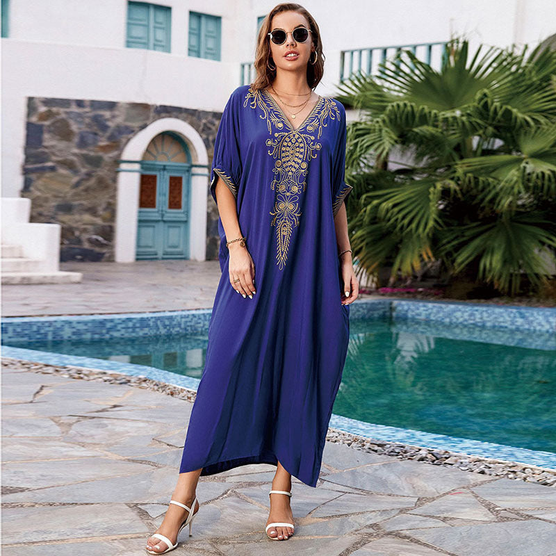 Women's elegant beach kaftan with elaborate embroidery and pockets Ivyshape